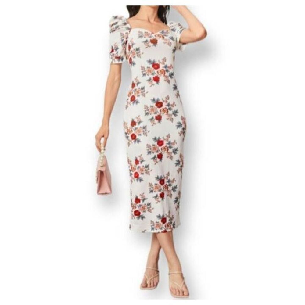 SHEIN RED & WHITE PUFF SLEEVE SLIT BACK FLORAL DRESS SZ.M EUC.